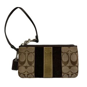 Coach signs brown striped wristlet bag